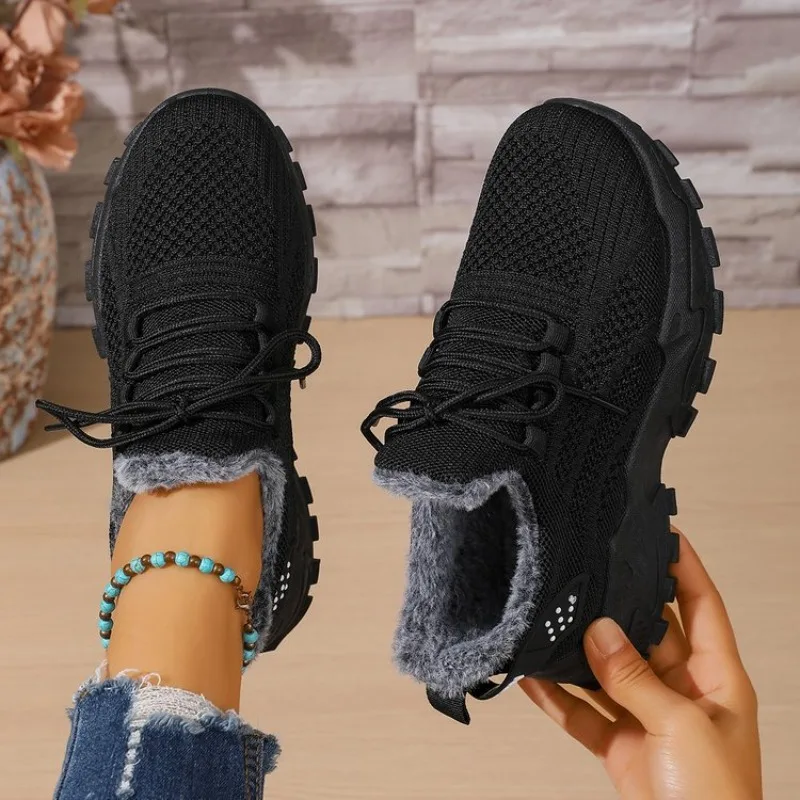 Knit Fabric Lace Up Sneakers - Женские зимние термокроссовки из трикотажной ткани,